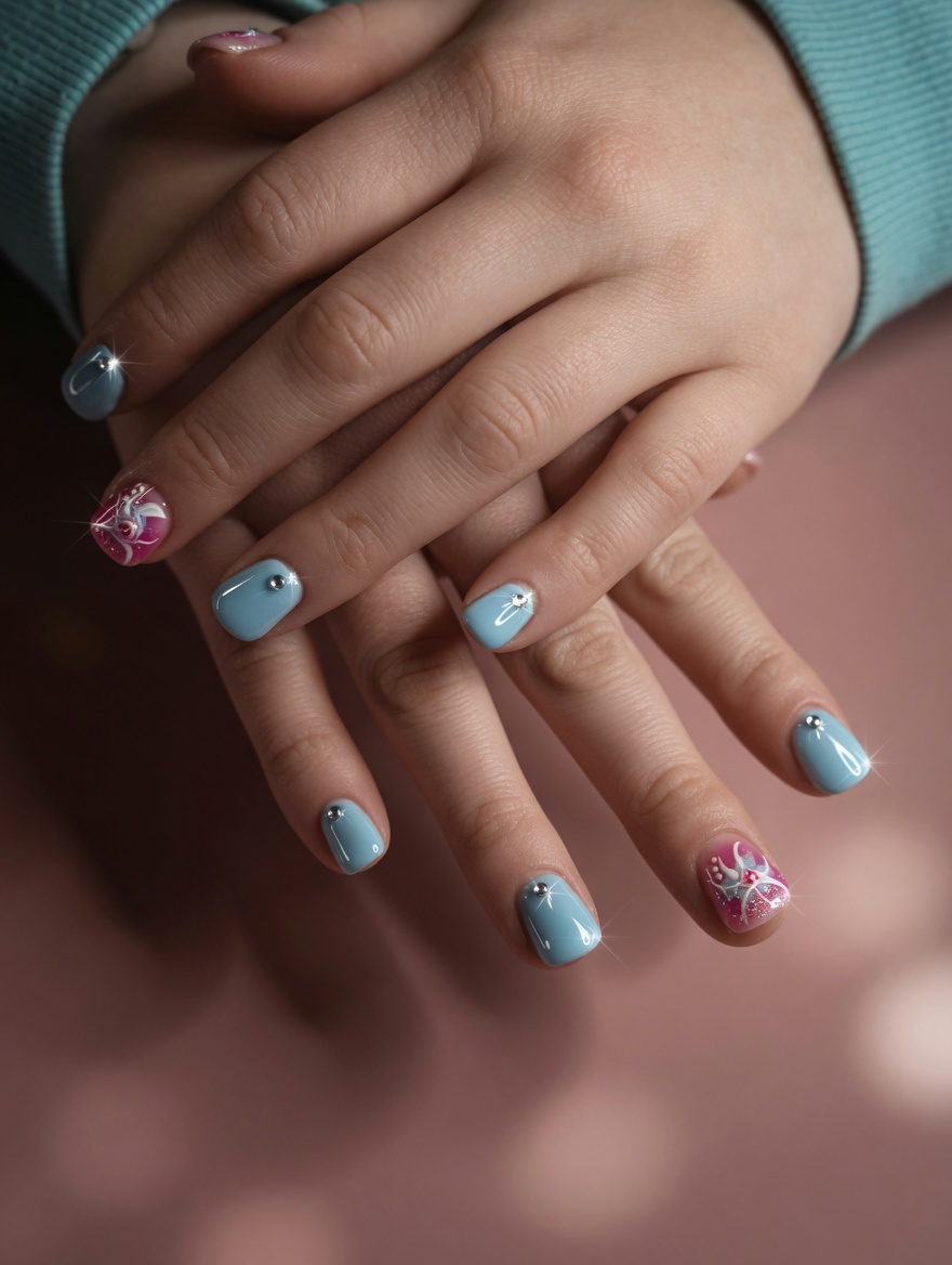 Soft blue gel with hand-painted floral & rhinestones