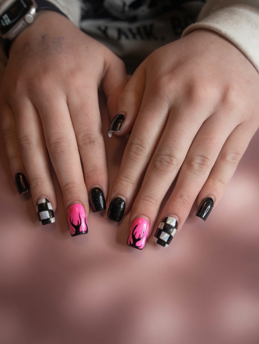 Black gel with neon pink flames & checkerboard art